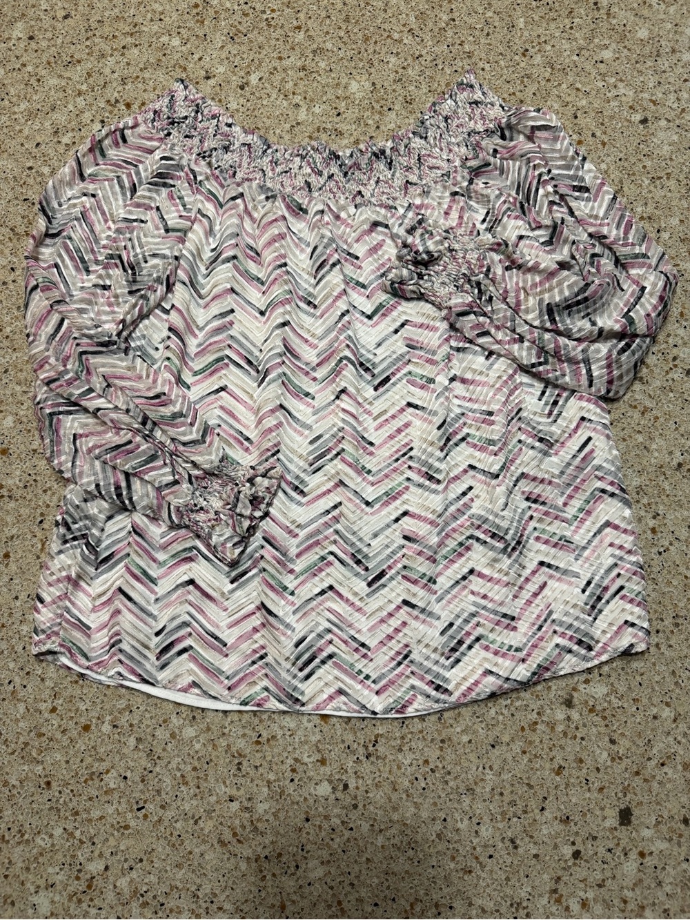 White House Black Market Pink and Black Chevron Smocked Off-Shoulder Top